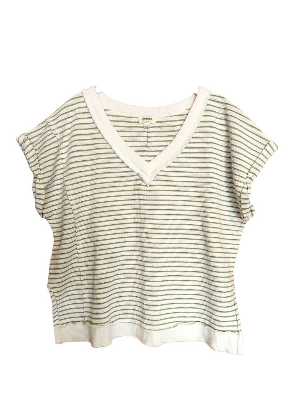UMGEE SHORT SLEEVE V-NECK GREEN WHITE STRIPE EXPOSED SEAM OVERSIZED TOP LARGE